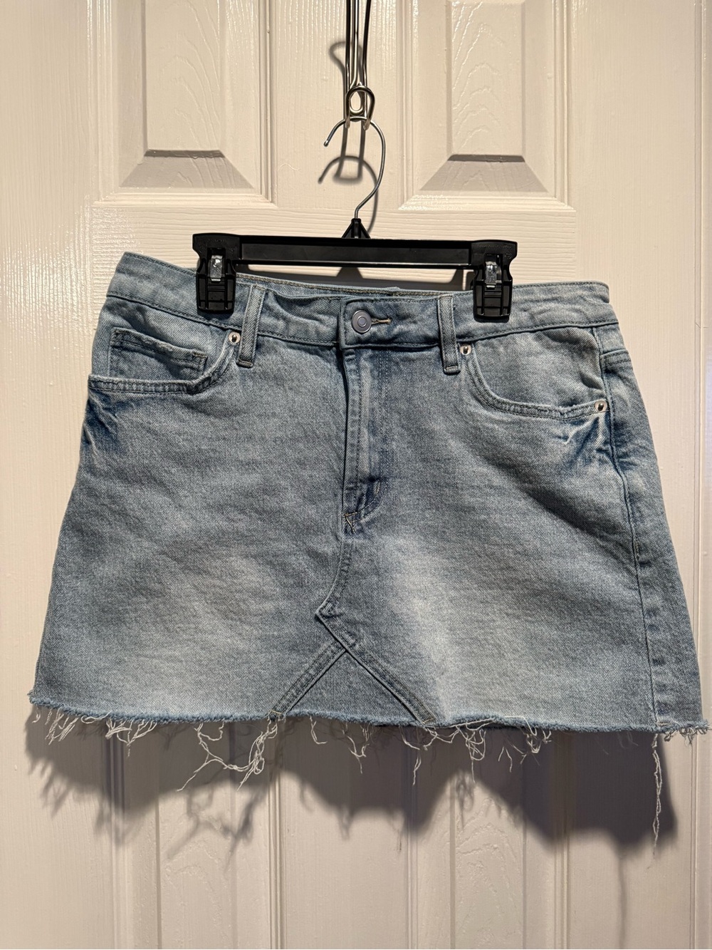 Altar’d State Denim Mini Skirt Medium Light Wash Raw Hem Distressed